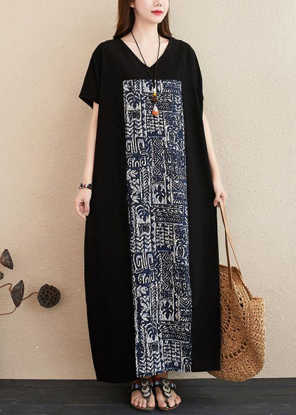 Women v neck patchwork linen Surroundings Work black Dresses - SooLinen