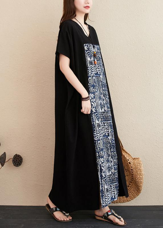 Women v neck patchwork linen Surroundings Work black Dresses - SooLinen