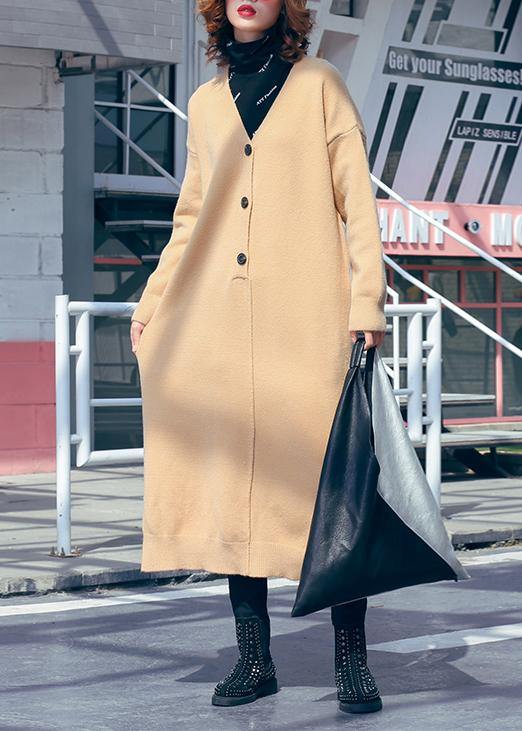 Women v neck side open Sweater outfits Classy khaki Hipster sweater dress - SooLinen