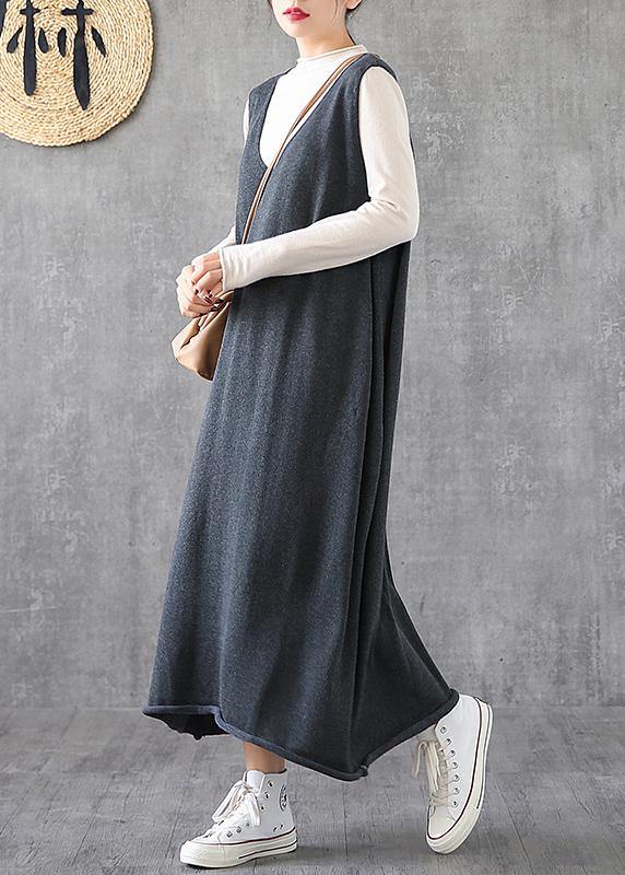 Women v neck sleeveless Tunics Fabrics gray long Dresses spring - SooLinen