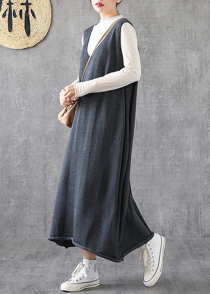 Women v neck sleeveless Tunics Fabrics gray long Dresses spring - SooLinen