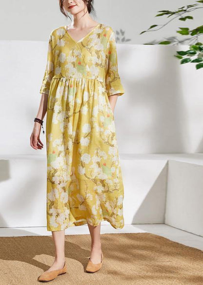 Women v neck tie waist linen summer dresses Outfits yellow print Dresses - SooLinen