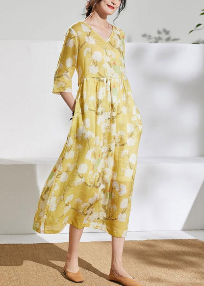 Women v neck tie waist linen summer dresses Outfits yellow print Dresses - SooLinen