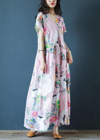 Women v neck Cinched linen Robes Fashion Ideas pink print Dress - SooLinen