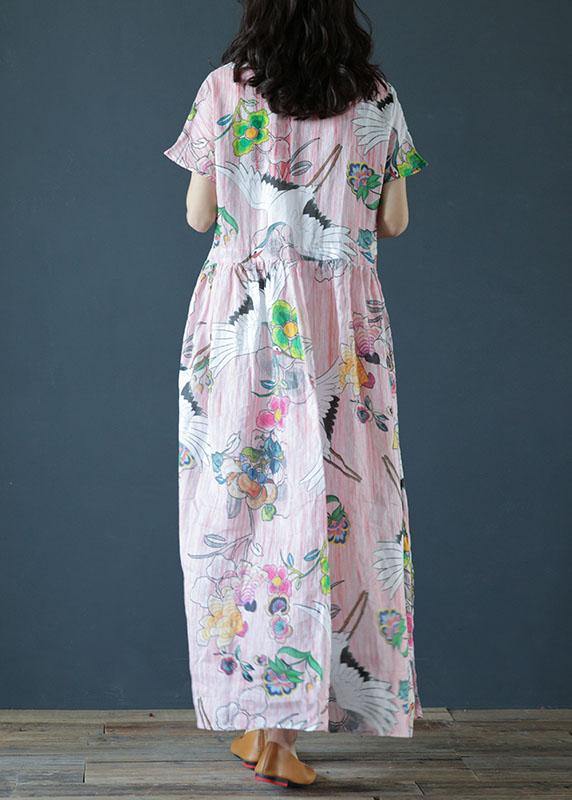 Women v neck Cinched linen Robes Fashion Ideas pink print Dress - SooLinen