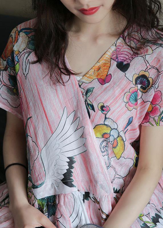 Women v neck Cinched linen Robes Fashion Ideas pink print Dress - SooLinen