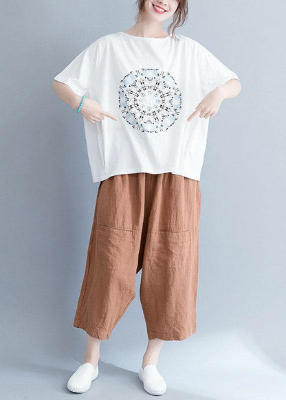 Women white cotton tunic top o neck prints Knee summer tops - SooLinen