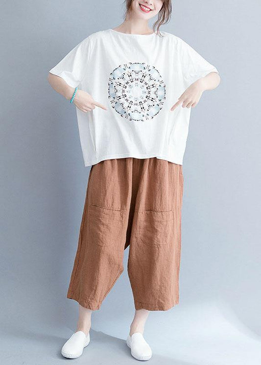 Women white cotton tunic top o neck prints Knee summer tops - SooLinen