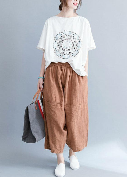 Women white cotton tunic top o neck prints Knee summer tops - SooLinen