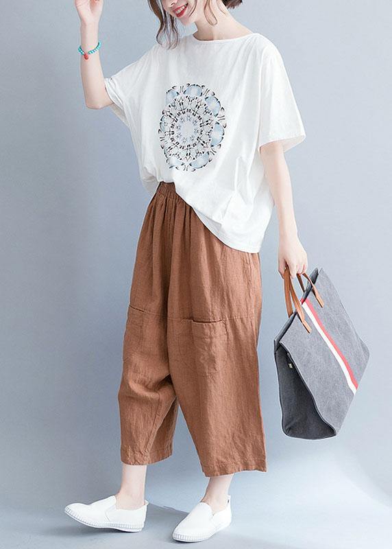 Women white cotton tunic top o neck prints Knee summer tops - SooLinen