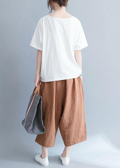 Women white cotton tunic top o neck prints Knee summer tops - SooLinen