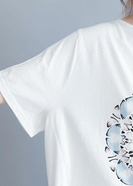 Women white cotton tunic top o neck prints Knee summer tops - SooLinen