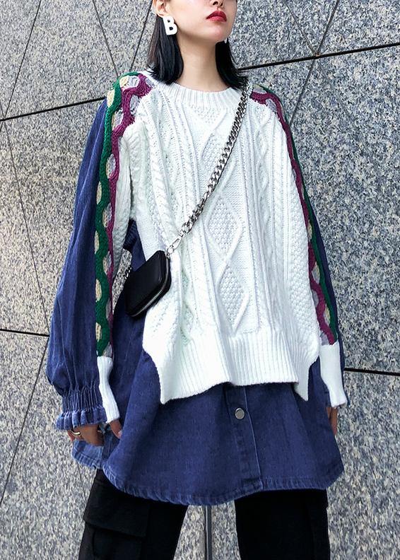 Women white knitted pullover plus size clothing knitted blouse patchwork false two pieces tops - SooLinen