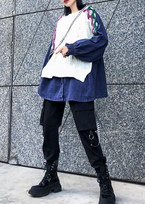 Women white knitted pullover plus size clothing knitted blouse patchwork false two pieces tops - SooLinen