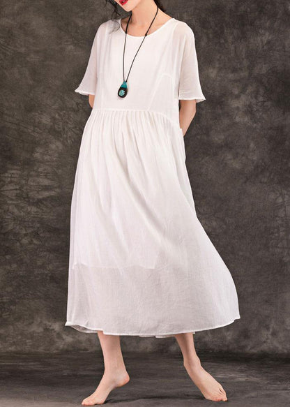 Women white linen Long Shirts o neck pockets patchwork Maxi summer Dress - SooLinen
