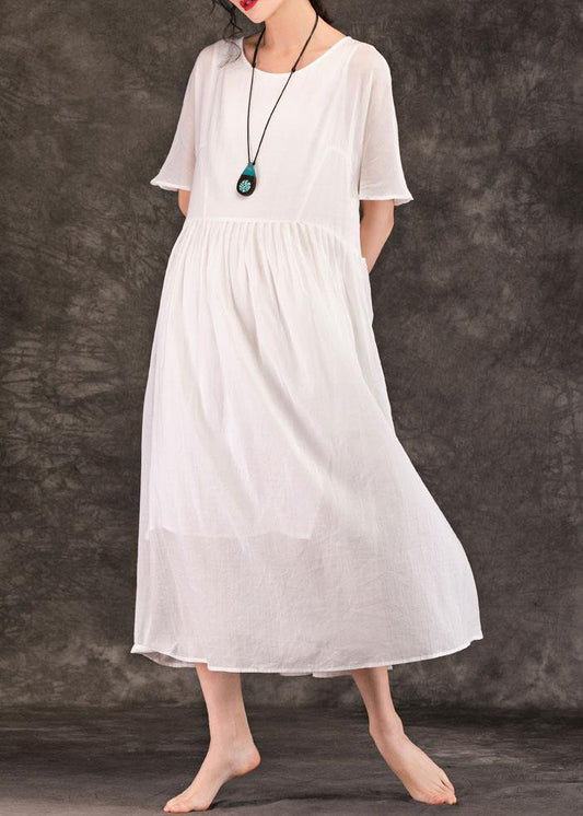 Women white linen Long Shirts o neck pockets patchwork Maxi summer Dress - SooLinen