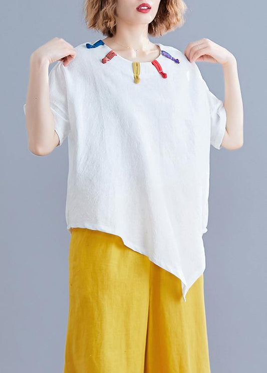 Women white linen clothes Cotton o neck asymmetric summer top - SooLinen