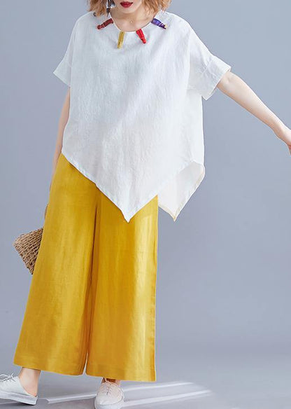 Women white linen clothes Cotton o neck asymmetric summer top - SooLinen