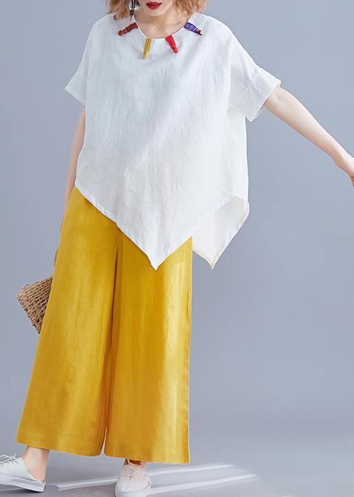 Women white linen clothes Cotton o neck asymmetric summer top - SooLinen