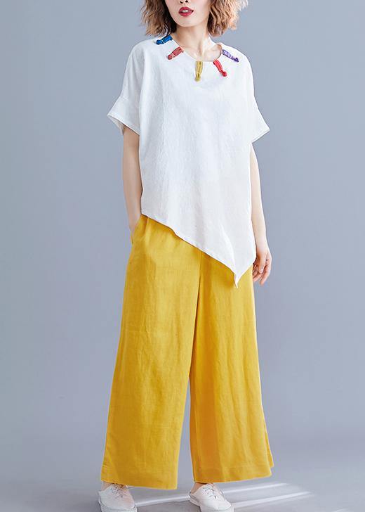 Women white linen clothes Cotton o neck asymmetric summer top - SooLinen