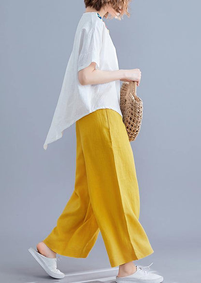 Women white linen clothes Cotton o neck asymmetric summer top - SooLinen