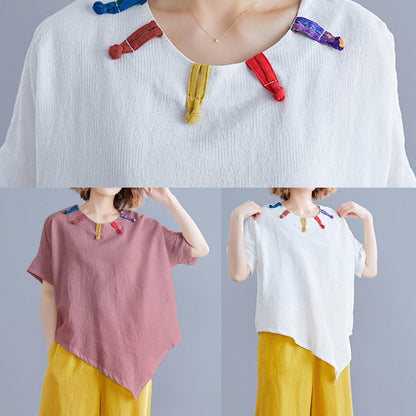 Women white linen clothes Cotton o neck asymmetric summer top - SooLinen