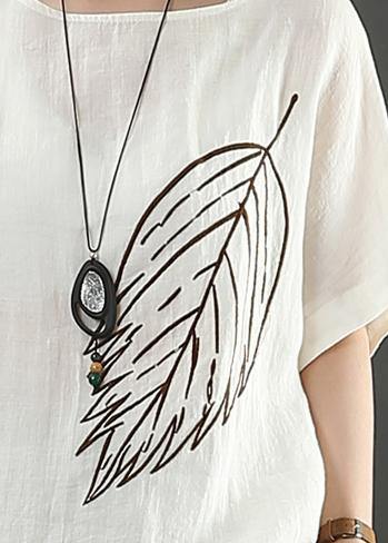 Women white linen tops o neck baggy summer blouse - SooLinen