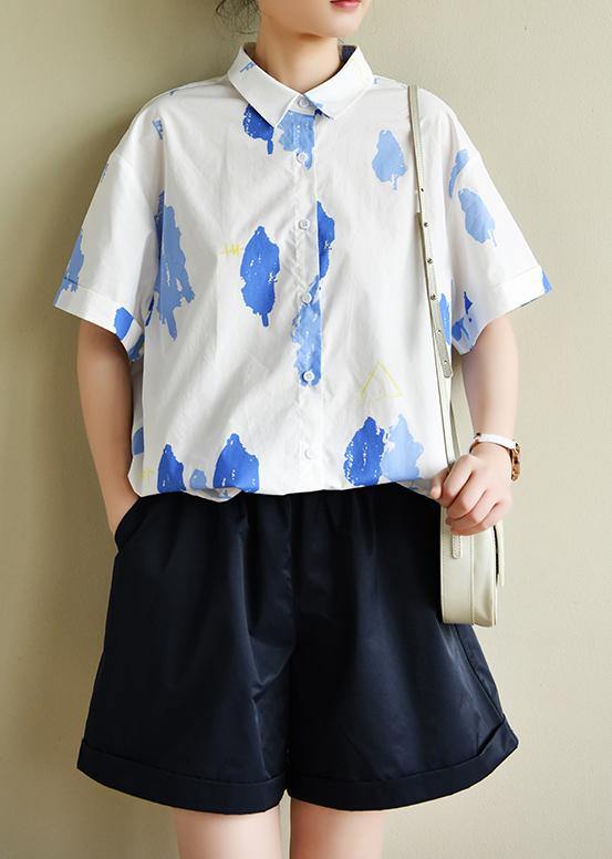 Women white print Wardrobes lapel Button Down summer tops - SooLinen