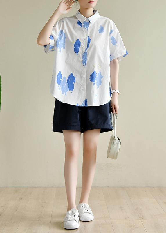 Women white print Wardrobes lapel Button Down summer tops - SooLinen