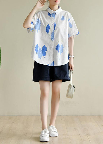 Women white print Wardrobes lapel Button Down summer tops - SooLinen