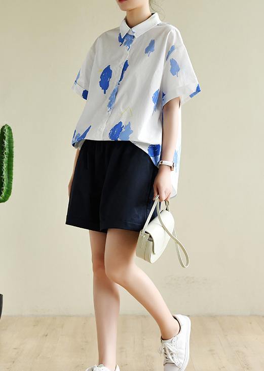Women white print Wardrobes lapel Button Down summer tops - SooLinen