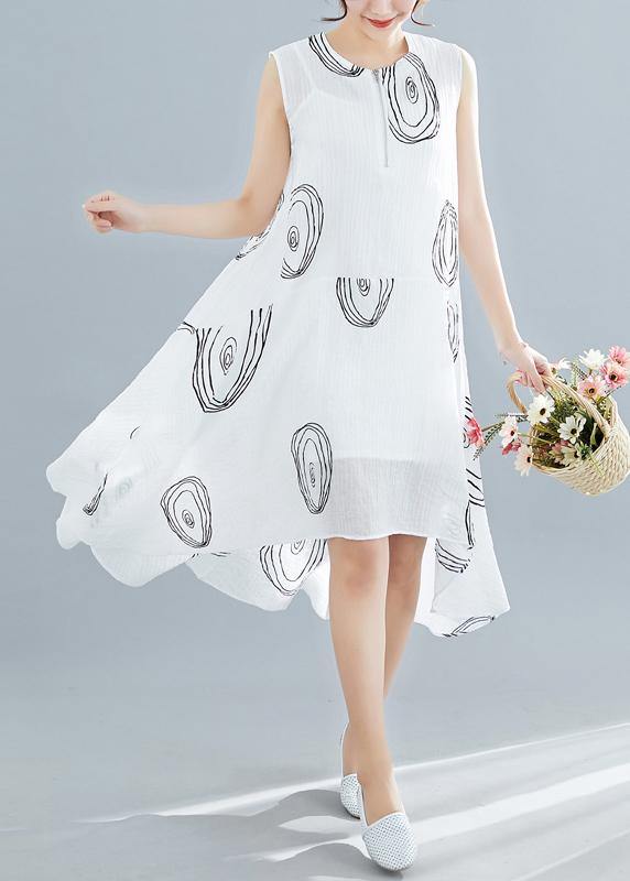 Women white print linen cotton clothes For Women sleeveless low high design shift summer Dress - SooLinen