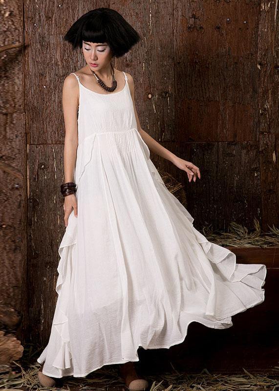 Women white sleeveless linen clothes ruffles side Art summer Dress - SooLinen
