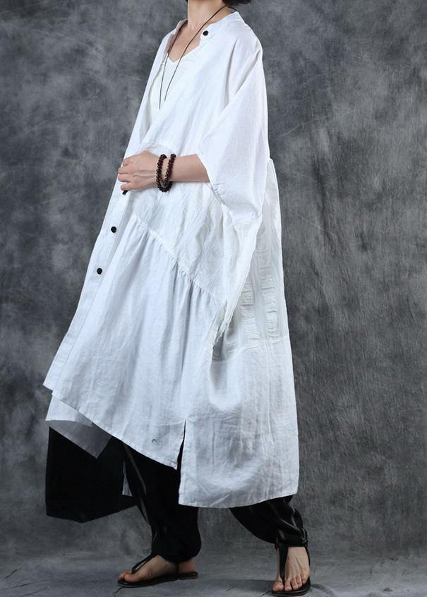 Women white fine crane coats Work Outfits low high design stand collar coats - SooLinen