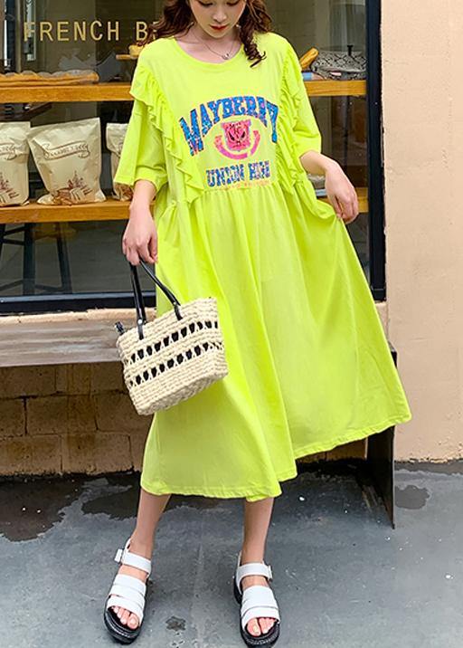 Women yellow Cartoon print tunics for women o neck Ruffles Traveling Dress - SooLinen