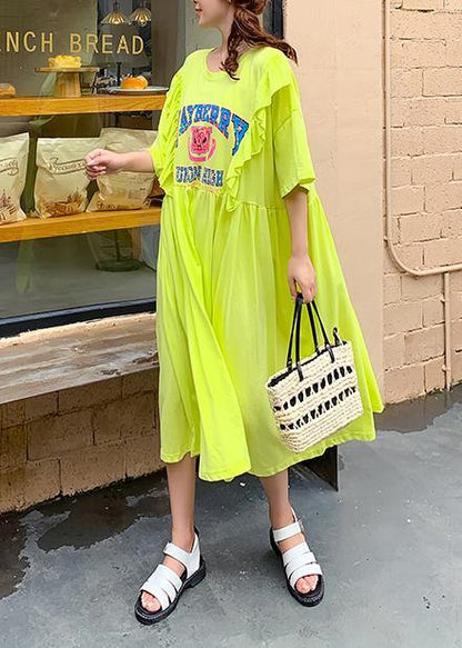 Women yellow Cartoon print tunics for women o neck Ruffles Traveling Dress - SooLinen