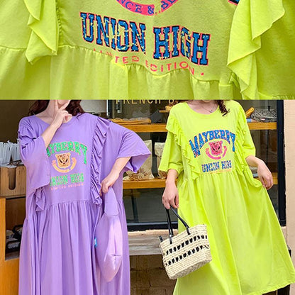 Women yellow Cartoon print tunics for women o neck Ruffles Traveling Dress - SooLinen