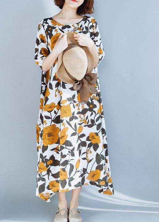 Women yellow cotton Robes prints A Line summer Dresses - SooLinen