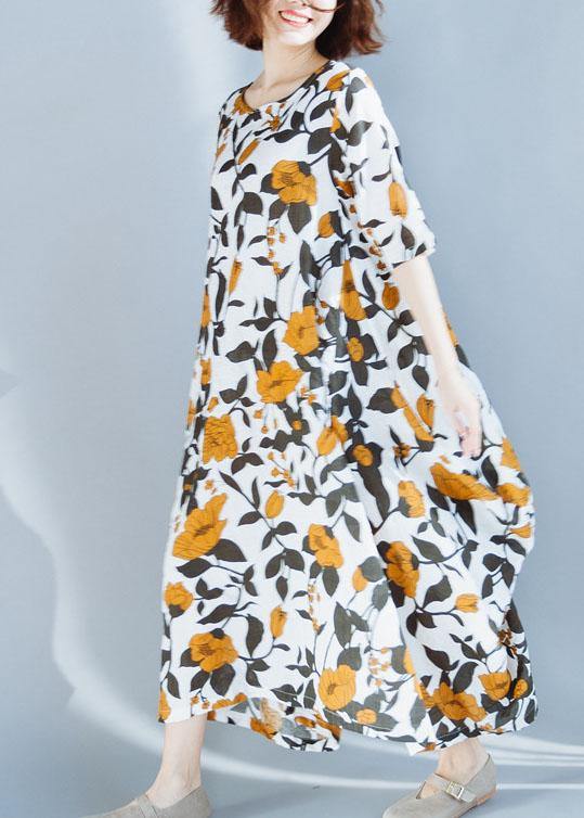 Women yellow cotton Robes prints A Line summer Dresses - SooLinen