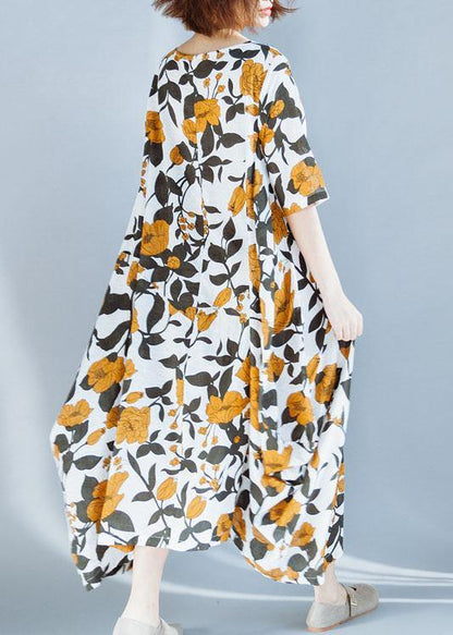 Women yellow cotton Robes prints A Line summer Dresses - SooLinen