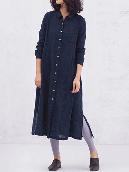 Women yellow cotton clothes lapel Button loose spring Dresses - SooLinen