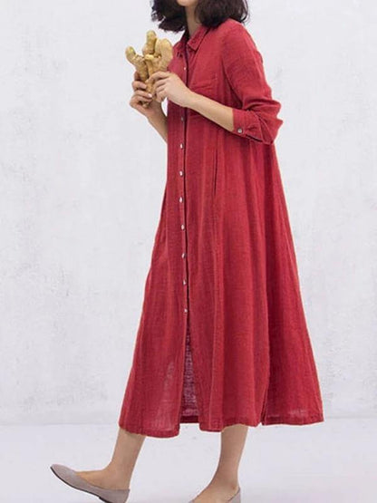 Women yellow cotton clothes lapel Button loose spring Dresses - SooLinen