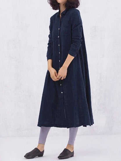 Women yellow cotton clothes lapel Button loose spring Dresses - SooLinen