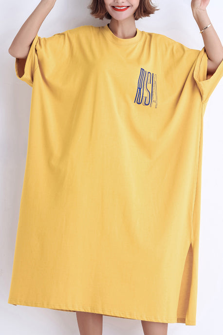 Gelbes Baumwollkleid für Damen in Übergröße, O-Ausschnitt, seitlich offen, Kunst-Sommerkleider