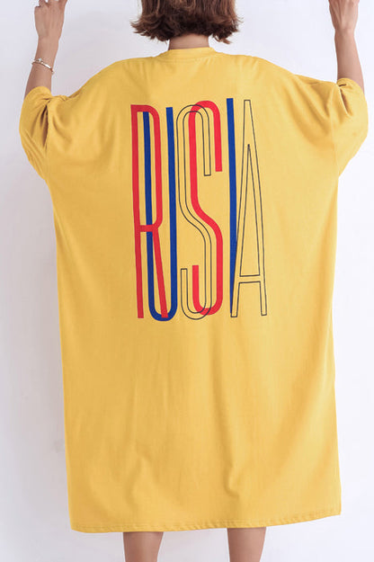 Gelbes Baumwollkleid für Damen in Übergröße, O-Ausschnitt, seitlich offen, Kunst-Sommerkleider