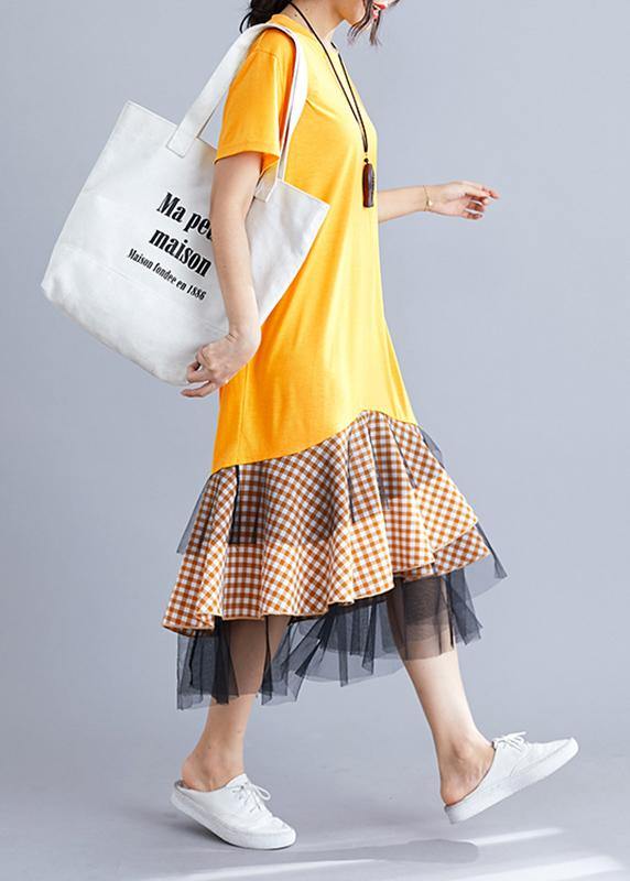 Women yellow cotton tunic dress patchwork plaid A Line summer Dresses - SooLinen