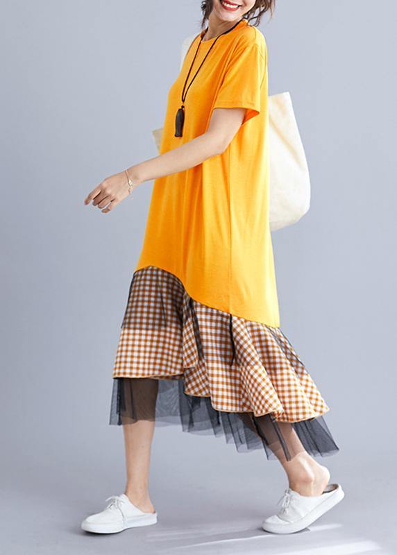 Women yellow cotton tunic dress patchwork plaid A Line summer Dresses - SooLinen