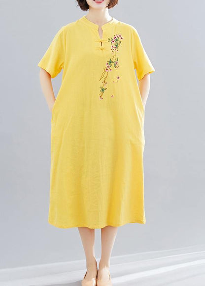 Women yellow embroidery cotton clothes short Maxi summer Dress - SooLinen