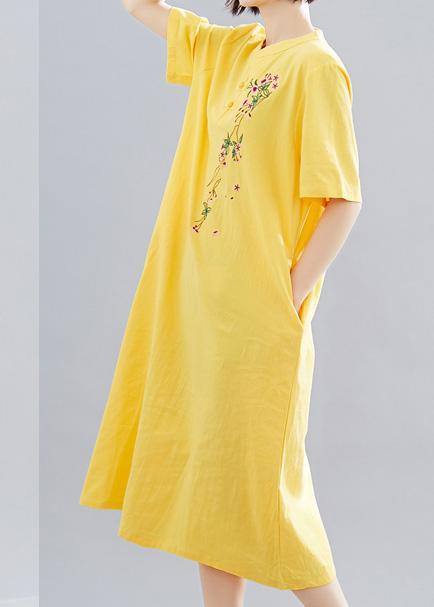 Women yellow embroidery cotton clothes short Maxi summer Dress - SooLinen