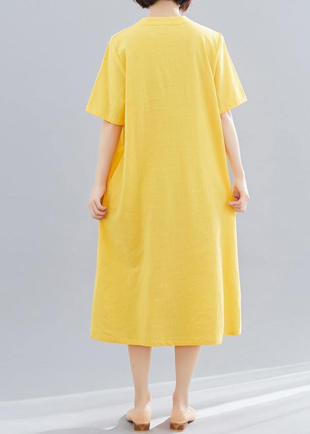 Women yellow embroidery cotton clothes short Maxi summer Dress - SooLinen